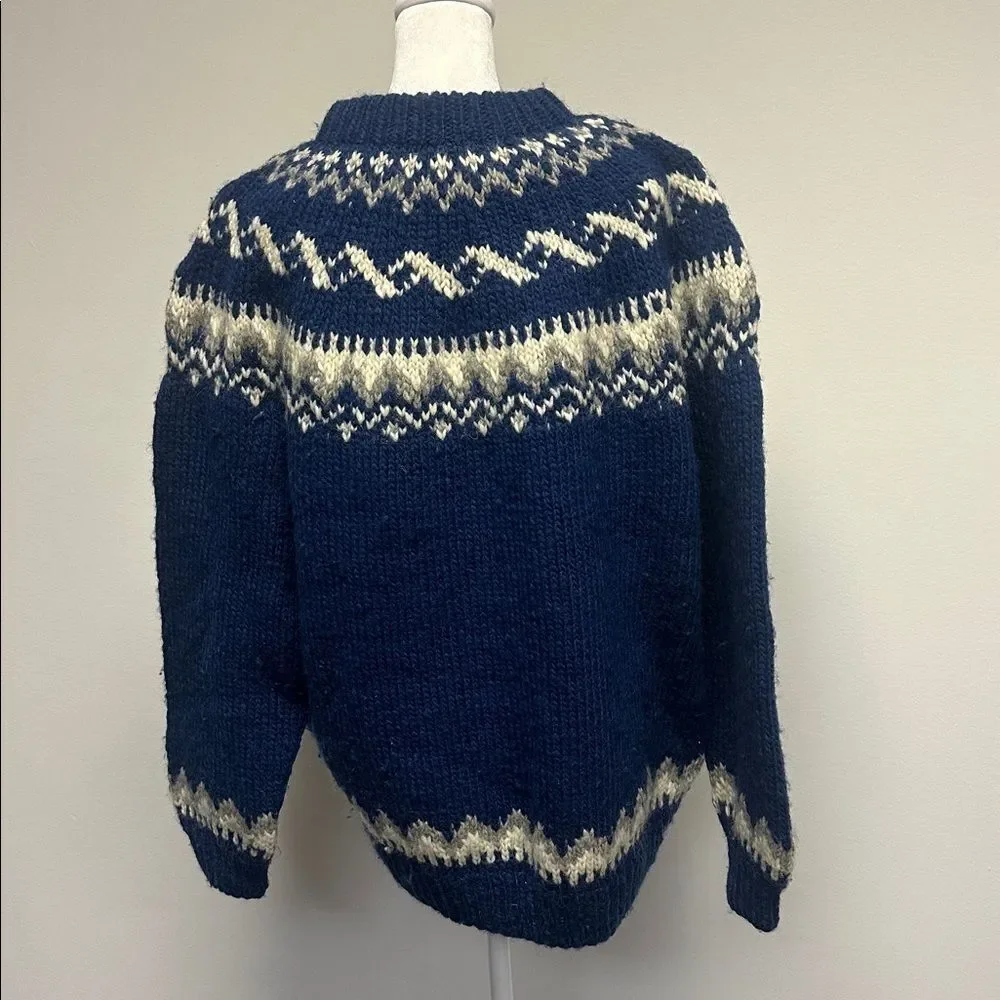 Hand Knitted Wool Sweater, Blue, White Grey Icelandic Norwegian Jumper Crew-neck
